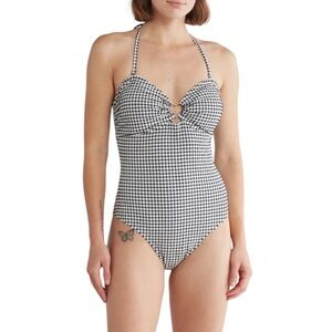 Betsey Johnson Retro Black White Halter Bandeu Cut Out One-Piece Swimsuit